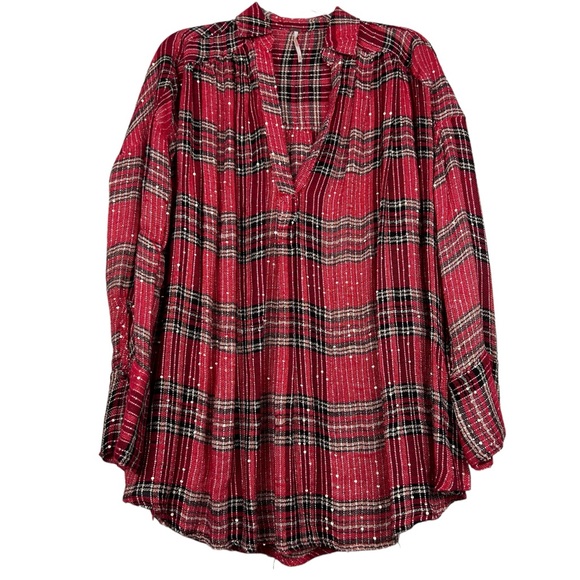 Free People Sequin Embellished Plaid Holiday Oversized Top - Picture 2 of 6